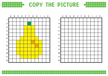 Resmi kopyala, ızgara resmini tamamla. Kare kareler, hücre boyama alanlarıyla ilgili eğitici çalışma tabloları. Çocuk yuvası aktiviteleri. Çizgi film vektörü, piksel resim. Sarı armut çizimi.