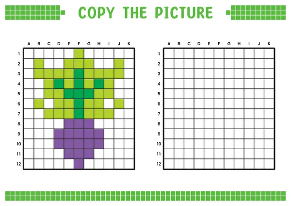 stock vector Copy the picture, complete the grid image. Educational worksheets drawing with squares, coloring cell areas. Children's preschool activities. Cartoon vector, pixel art. Purple radish illustration.