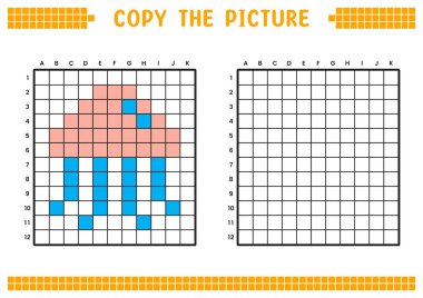 Resmi kopyala, ızgara resmini tamamla. Kare kareler, hücre boyama alanlarıyla ilgili eğitici çalışma tabloları. Çocuk yuvası aktiviteleri. Çizgi film vektörü, piksel resim. Denizanası çizimi.