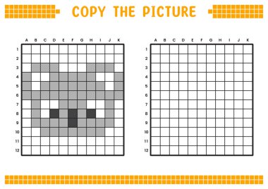 Resmi kopyala, ızgara resmini tamamla. Kare kareler, hücre boyama alanlarıyla ilgili eğitici çalışma tabloları. Çocuk yuvası aktiviteleri. Çizgi film vektörü, piksel resim. Koala yüz illüstrasyonu.