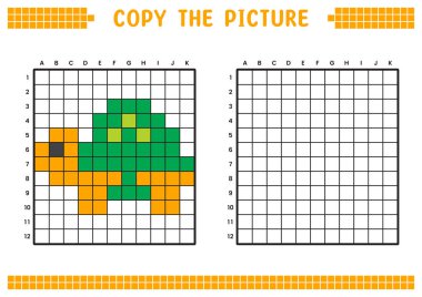 Resmi kopyala, ızgara resmini tamamla. Kare kareler, hücre boyama alanlarıyla ilgili eğitici çalışma tabloları. Çocuk yuvası aktiviteleri. Çizgi film vektörü, piksel resim. Kaplumbağa çizimi.