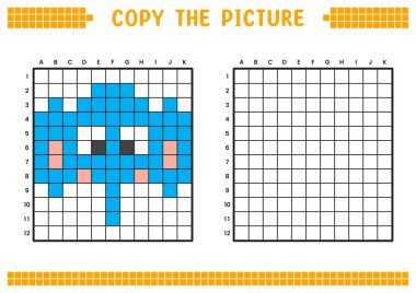 Resmi kopyala, ızgara resmini tamamla. Kare kareler, hücre boyama alanlarıyla ilgili eğitici çalışma tabloları. Çocuk yuvası aktiviteleri. Çizgi film vektörü, piksel resim. Fil yüz çizimi.