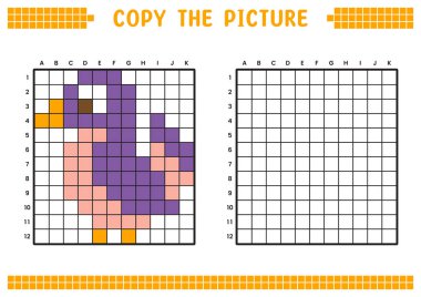 Resmi kopyala, ızgara resmini tamamla. Kare ve renklendirme alanlarıyla ilgili eğitici çalışma kağıtları. Anaokulu aktiviteleri, çocuk oyunları. Çizgi film vektör çizimi, piksel sanatı. Mor kuş..