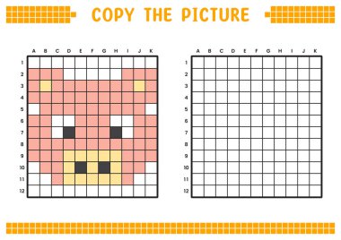 Resmi kopyala, ızgara resmini tamamla. Kare kareler, hücre boyama alanlarıyla ilgili eğitici çalışma tabloları. Anaokulu aktiviteleri, çocuk oyunları. Çizgi film vektör çizimi, piksel sanatı. Domuz suratlı..