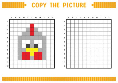Resmi kopyala, ızgara resmini tamamla. Kare ve renklendirme alanlarıyla ilgili eğitici çalışma kağıtları. Anaokulu aktiviteleri, çocuk oyunları. Çizgi film vektör çizimi, piksel sanatı. Tavuk surat..