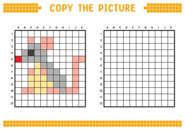 Resmi kopyala, ızgara resmini tamamla. Kare kareler, hücre boyama alanlarıyla ilgili eğitici çalışma tabloları. Anaokulu aktiviteleri, çocuk oyunları. Çizgi film vektör çizimi, piksel sanatı. Gri fare.