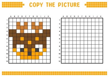 Resmi kopyala, ızgara resmini tamamla. Kare ve renklendirme alanlarıyla ilgili eğitici çalışma kağıtları. Anaokulu aktiviteleri, çocuk oyunları. Çizgi film vektör çizimi, piksel sanatı. Kahverengi geyik yüzü.