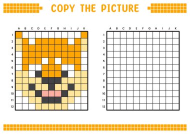 Resmi kopyala, ızgara resmini tamamla. Kare ve renklendirme alanlarıyla ilgili eğitici çalışma kağıtları. Anaokulu aktiviteleri, çocuk oyunları. Çizgi film vektör çizimi, piksel sanatı. Sibirya kurdu..