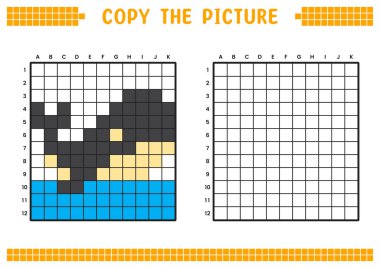 Resmi kopyala, ızgara resmini tamamla. Kare ve renklendirme alanlarıyla ilgili eğitici çalışma kağıtları. Anaokulu aktiviteleri, çocuk oyunları. Çizgi film vektör çizimi, piksel sanatı. Katil balina.