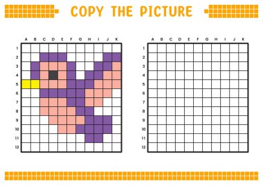 Resmi kopyala, ızgara resmini tamamla. Kare ve renklendirme alanlarıyla ilgili eğitici çalışma kağıtları. Anaokulu aktiviteleri, çocuk oyunları. Çizgi film vektör çizimi, piksel sanatı. Mor kuş..