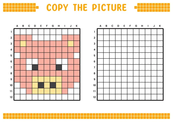 stock vector Copy the picture, complete the grid image. Educational worksheets drawing with squares, coloring cell areas. Preschool activities, children's games. Cartoon vector illustration, pixel art. Pig face.