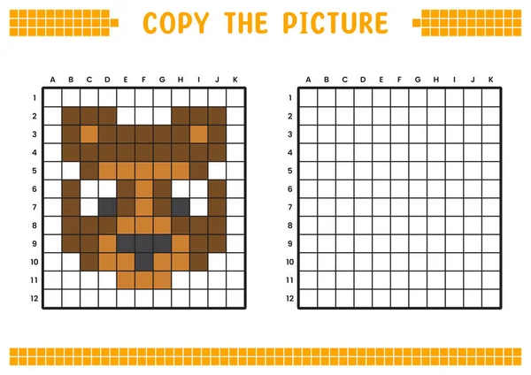 stock vector Copy the picture, complete the grid image. Educational worksheets drawing with squares, coloring areas. Preschool activities, children's games. Cartoon vector illustration, pixel art. Brown bear face.