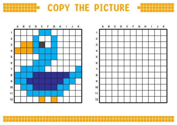 stock vector Copy the picture, complete the grid image. Educational worksheets drawing with squares, coloring cell areas. Preschool activities, children's games. Cartoon vector illustration, pixel art. Blue duck.