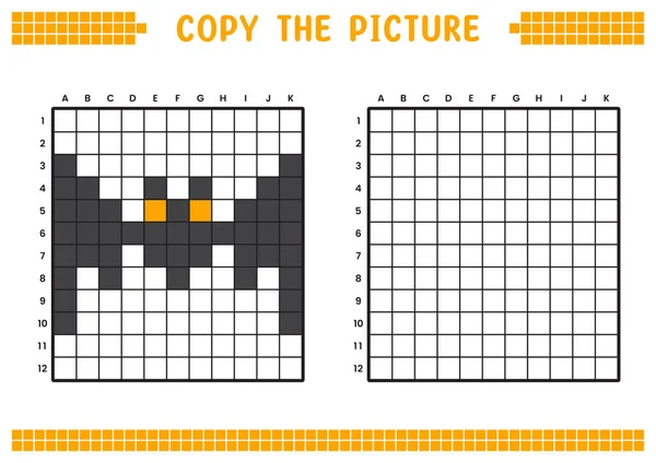 stock vector Copy the picture, complete the grid image. Educational worksheets drawing with squares, coloring cell areas. Preschool activities, children's games. Cartoon vector illustration, pixel art. Black bat.