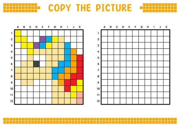 stock vector Copy the picture, complete the grid image. Educational worksheets drawing with squares, coloring areas. Preschool activities, children's games. Cartoon vector illustration, pixel art. Rainbow unicorn.