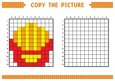 Resmi kopyala, ızgara resmini tamamla. Kare ve renklendirme alanlarıyla ilgili eğitici çalışma kağıtları. Anaokulu aktiviteleri, çocuk oyunları. Çizgi film vektör çizimi, piksel sanatı. Patates kızartması.