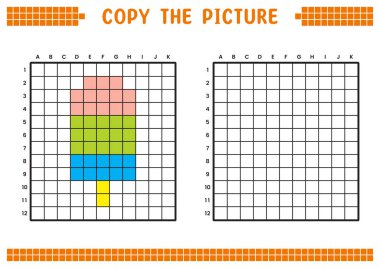 Resmi kopyala, ızgara resmini tamamla. Kare kareler, hücre boyama alanlarıyla ilgili eğitici çalışma tabloları. Anaokulu aktiviteleri, çocuk oyunları. Çizgi film vektör çizimi, piksel sanatı. Dondurma..