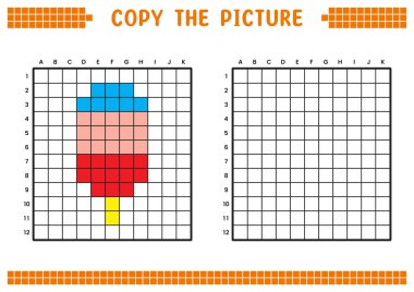 Resmi kopyala, ızgara resmini tamamla. Kare kareler, hücre boyama alanlarıyla ilgili eğitici çalışma tabloları. Anaokulu aktiviteleri, çocuk oyunları. Çizgi film vektör çizimi, piksel sanatı. Dondurma..