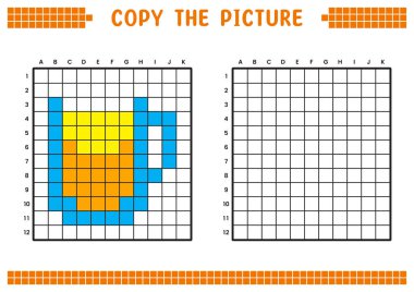 Resmi kopyala, ızgara resmini tamamla. Kare ve renklendirme alanlarıyla ilgili eğitici çalışma kağıtları. Anaokulu aktiviteleri, çocuk oyunları. Çizgi film vektör çizimi, piksel sanatı. Portakal suyu.