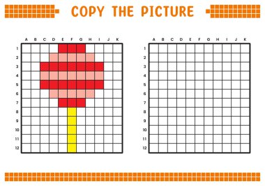 Resmi kopyala, ızgara resmini tamamla. Kare kareler, hücre boyama alanlarıyla ilgili eğitici çalışma tabloları. Anaokulu aktiviteleri, çocuk oyunları. Çizgi film vektör çizimi, piksel sanatı. Lolipop..