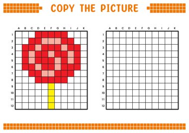 Resmi kopyala, ızgara resmini tamamla. Kare kareler, hücre boyama alanlarıyla ilgili eğitici çalışma tabloları. Anaokulu aktiviteleri, çocuk oyunları. Çizgi film vektör çizimi, piksel sanatı. Lolipop..