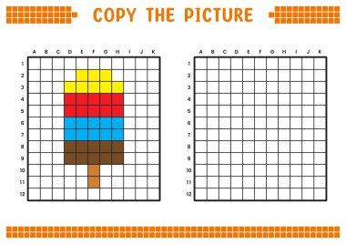 Resmi kopyala, ızgara resmini tamamla. Kare kareler, hücre boyama alanlarıyla ilgili eğitici çalışma tabloları. Anaokulu aktiviteleri, çocuk oyunları. Çizgi film vektör çizimi, piksel sanatı. Dondurma..