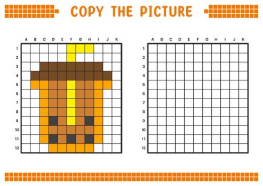 Resmi kopyala, ızgara resmini tamamla. Kare ve renklendirme alanlarıyla ilgili eğitici çalışma kağıtları. Anaokulu aktiviteleri, çocuk oyunları. Çizgi film vektör çizimi, piksel sanatı. Cam ve Boba..