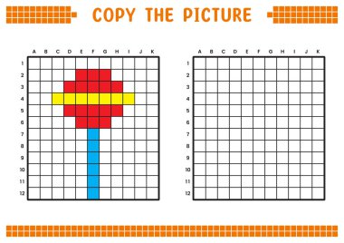 Resmi kopyala, ızgara resmini tamamla. Kare ve renklendirme alanlarıyla ilgili eğitici çalışma kağıtları. Anaokulu aktiviteleri, çocuk oyunları. Çizgi film vektör çizimi, piksel sanatı. Lolipop..