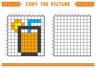 Resmi kopyala, ızgara resmini tamamla. Kare ve renklendirme alanlarıyla ilgili eğitici çalışma kağıtları. Anaokulu aktiviteleri, çocuk oyunları. Çizgi film vektör çizimi, piksel sanatı. Portakal suyu.