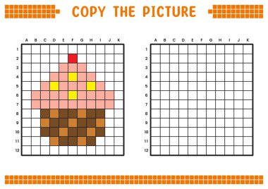 Resmi kopyala, ızgara resmini tamamla. Kare kareler, hücre boyama alanlarıyla ilgili eğitici çalışma tabloları. Anaokulu aktiviteleri, çocuk oyunları. Çizgi film vektör çizimi, piksel sanatı. Kek..