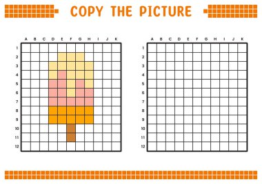 Resmi kopyala, ızgara resmini tamamla. Kare kareler, hücre boyama alanlarıyla ilgili eğitici çalışma tabloları. Anaokulu aktiviteleri, çocuk oyunları. Çizgi film vektör çizimi, piksel sanatı. Dondurma..