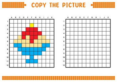 Resmi kopyala, ızgara resmini tamamla. Kare kareler, hücre boyama alanlarıyla ilgili eğitici çalışma tabloları. Anaokulu aktiviteleri, çocuk oyunları. Çizgi film vektör çizimi, piksel sanatı. Dondurma..