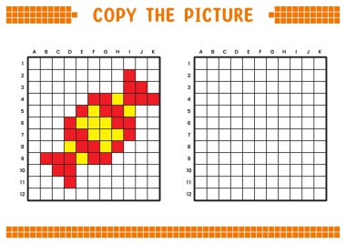 Resmi kopyala, ızgara resmini tamamla. Kare kareler, hücre boyama alanlarıyla ilgili eğitici çalışma tabloları. Anaokulu aktiviteleri, çocuk oyunları. Çizgi film vektör çizimi, piksel sanatı. Şeker.