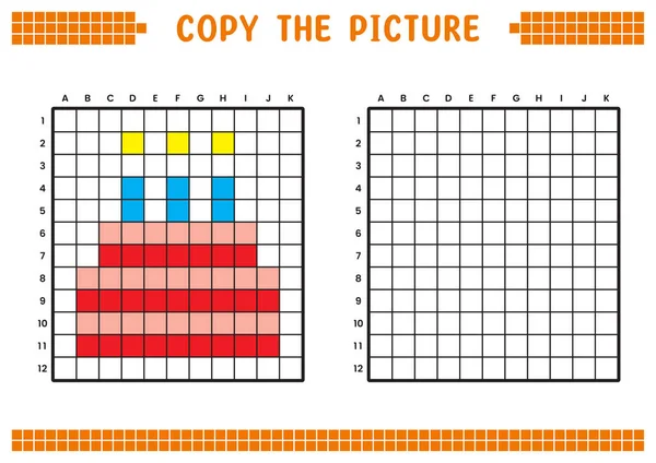 stock vector Copy the picture, complete the grid image. Educational worksheets drawing with squares, coloring areas. Preschool activities, children's games. Cartoon vector illustration, pixel art. Birthday cake.