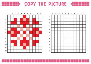 Resmi kopyala, ızgara resmini tamamla. Kare kareler, hücre boyama alanlarıyla ilgili eğitici çalışma tabloları. Anaokulu aktiviteleri, çocuk oyunları. Vektör çizimi, piksel sanatı. Pembe kırmızı çiçek.