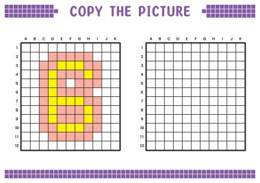 Resmi kopyala, ızgara resmini tamamla. Kare kareler, hücre boyama alanlarıyla ilgili eğitici çalışma tabloları. Anaokulu aktiviteleri, çocuk oyunları. Çizgi film vektör çizimi, piksel sanatı. 6 numara..