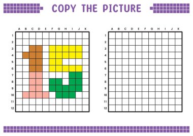 Resmi kopyala, ızgara resmini tamamla. Kare kareler, hücre boyama alanlarıyla ilgili eğitici çalışma tabloları. Anaokulu aktiviteleri, çocuk oyunları. Çizgi film vektör çizimi, piksel sanatı. Numara 15.