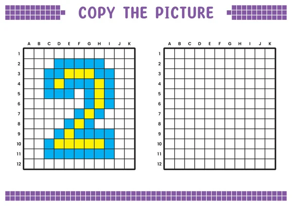 stock vector Copy the picture, complete the grid image. Educational worksheets drawing with squares, coloring cell areas. Preschool activities, children's games. Cartoon vector illustration, pixel art. Number 2.