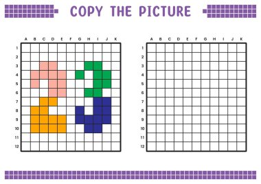 Resmi kopyala, ızgara resmini tamamla. Kare kareler, hücre boyama alanlarıyla ilgili eğitici çalışma tabloları. Anaokulu aktiviteleri, çocuk oyunları. Çizgi film vektör çizimi, piksel sanatı. 23 numara..