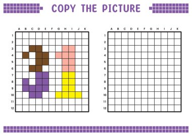 Resmi kopyala, ızgara resmini tamamla. Kare kareler, hücre boyama alanlarıyla ilgili eğitici çalışma tabloları. Anaokulu aktiviteleri, çocuk oyunları. Çizgi film vektör çizimi, piksel sanatı. 31 numara..