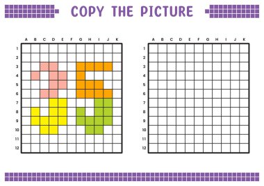 Resmi kopyala, ızgara resmini tamamla. Kare kareler, hücre boyama alanlarıyla ilgili eğitici çalışma tabloları. Anaokulu aktiviteleri, çocuk oyunları. Çizgi film vektör çizimi, piksel sanatı. 35 numara..