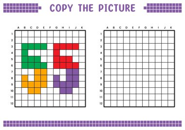 Resmi kopyala, ızgara resmini tamamla. Kare kareler, hücre boyama alanlarıyla ilgili eğitici çalışma tabloları. Anaokulu aktiviteleri, çocuk oyunları. Çizgi film vektör çizimi, piksel sanatı. 55 numara..