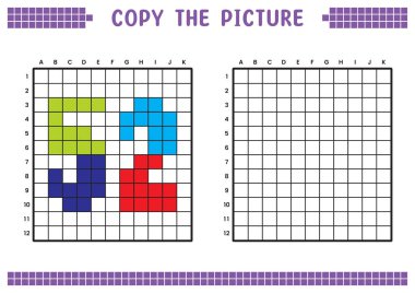 Resmi kopyala, ızgara resmini tamamla. Kare kareler, hücre boyama alanlarıyla ilgili eğitici çalışma tabloları. Anaokulu aktiviteleri, çocuk oyunları. Çizgi film vektör çizimi, piksel sanatı. 52 numara..
