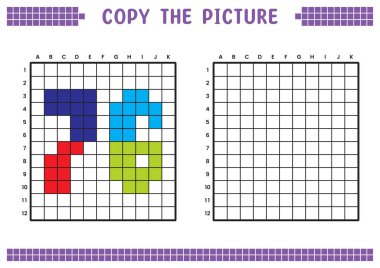 Resmi kopyala, ızgara resmini tamamla. Kare kareler, hücre boyama alanlarıyla ilgili eğitici çalışma tabloları. Anaokulu aktiviteleri, çocuk oyunları. Çizgi film vektör çizimi, piksel sanatı. 76 numara..