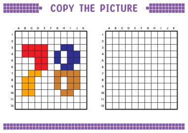 Resmi kopyala, ızgara resmini tamamla. Kare kareler, hücre boyama alanlarıyla ilgili eğitici çalışma tabloları. Anaokulu aktiviteleri, çocuk oyunları. Çizgi film vektör çizimi, piksel sanatı. 78 numara..