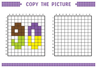 Resmi kopyala, ızgara resmini tamamla. Kare kareler, hücre boyama alanlarıyla ilgili eğitici çalışma tabloları. Anaokulu aktiviteleri, çocuk oyunları. Çizgi film vektör çizimi, piksel sanatı. 90 numara..