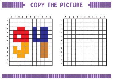 Resmi kopyala, ızgara resmini tamamla. Kare kareler, hücre boyama alanlarıyla ilgili eğitici çalışma tabloları. Anaokulu aktiviteleri, çocuk oyunları. Çizgi film vektör çizimi, piksel sanatı. 94 numara..