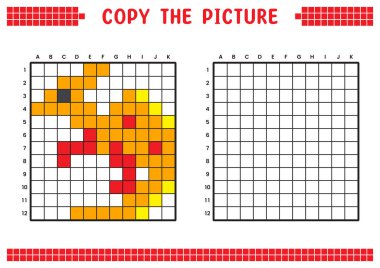 Resmi kopyala, ızgara resmini tamamla. Kare çizerek eğitici çalışma kağıtları. Okul öncesi boyama aktiviteleri, çocuk oyunları. Piksel karikatürü, vektör çizimi. Dinozor, Parasaurolophus.