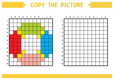 Resmi kopyala, ızgara resmini tamamla. Kare ve renklendirme alanlarıyla ilgili eğitici çalışma kağıtları. Anaokulu aktiviteleri, çocuk oyunları. Çizgi film vektör çizimi, piksel sanatı. Yüzme şamandırası.