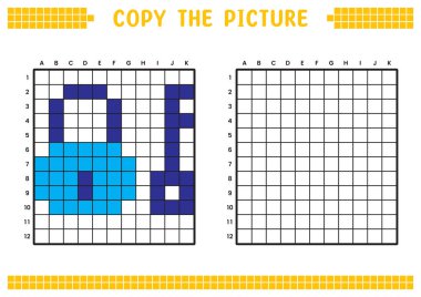 Resmi kopyala, ızgara resmini tamamla. Kare ve renklendirme alanlarıyla ilgili eğitici çalışma kağıtları. Anaokulu aktiviteleri, çocuk oyunları. Çizgi film vektör çizimi, piksel sanatı. Asma kilit ve anahtar.